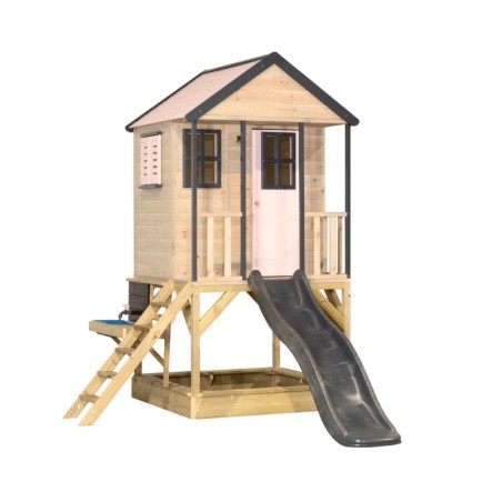 Mänguväljak M48 seiklus mängumaja platvormi ja liumäega + väliköök- pastell roosa / hall