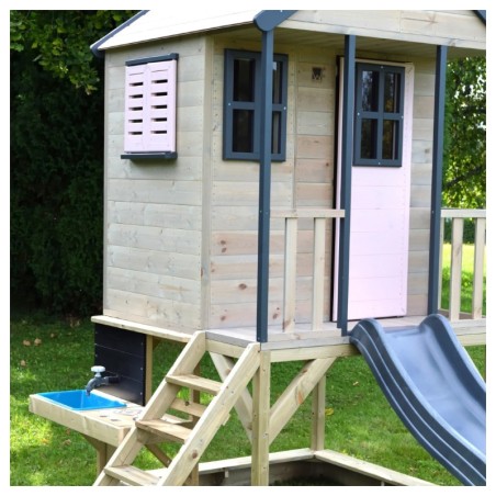 Mänguväljak M48 seiklus mängumaja platvormi ja liumäega + väliköök- pastell roosa / hall