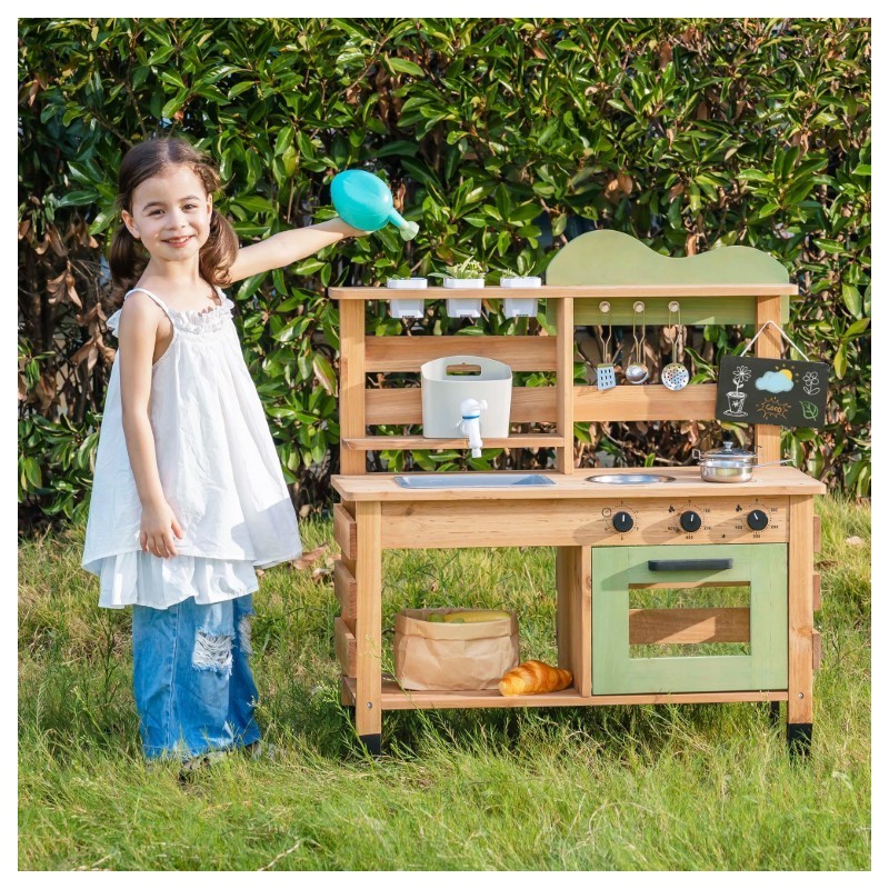Laste puidust mudaköök kraanikausiga, kraaniga veepaak, hoiuriiul ja kriiditahvel