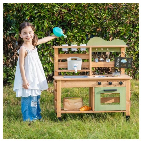 Laste puidust mudaköök kraanikausiga, kraaniga veepaak, hoiuriiul ja kriiditahvel
