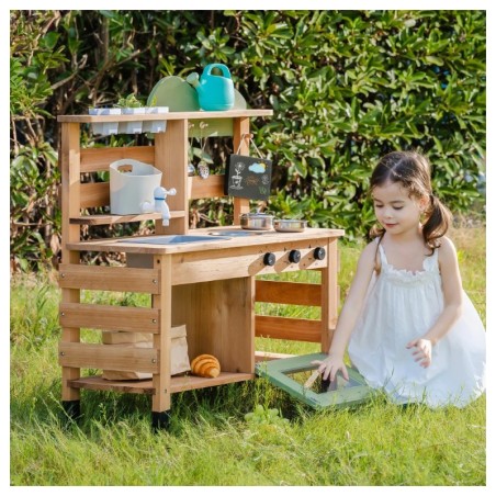 Laste puidust mudaköök kraanikausiga, kraaniga veepaak, hoiuriiul ja kriiditahvel