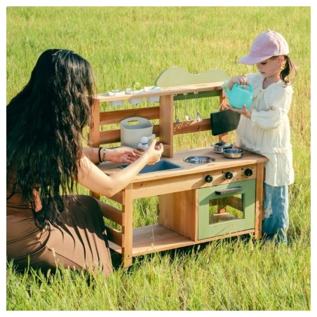 Laste puidust mudaköök kraanikausiga, kraaniga veepaak, hoiuriiul ja kriiditahvel