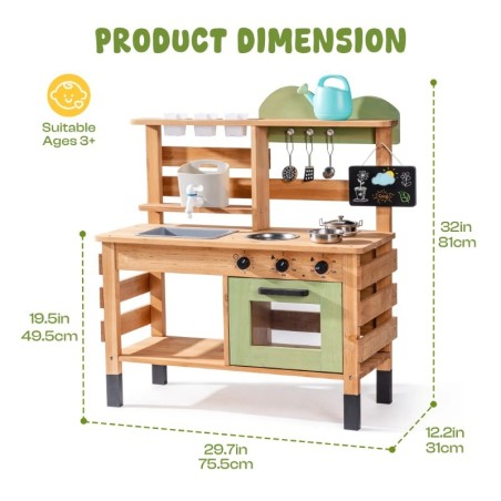 Laste puidust mudaköök kraanikausiga, kraaniga veepaak, hoiuriiul ja kriiditahvel