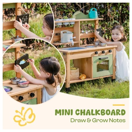 Laste puidust mudaköök kraanikausiga, kraaniga veepaak, hoiuriiul ja kriiditahvel