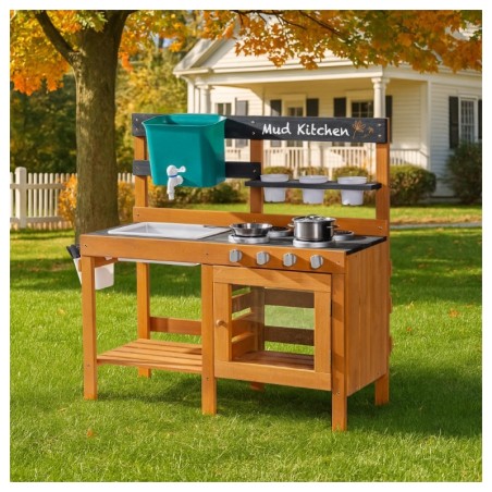 Mudaköök lastele, puidust õueköök veekraani ja kraanikausiga, 3 aiatööriista ja 3 istutustopsiga