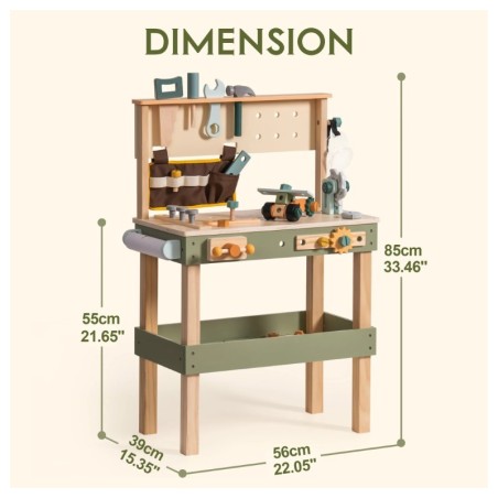 Laste puidust tööpink, töölaud tööriistad,roheline
