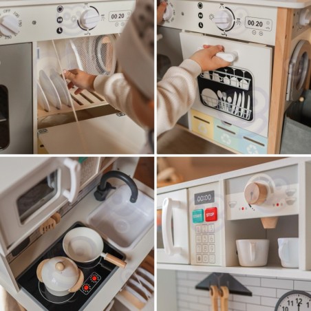 9-in-1 puidust interaktiivne mänguköök pesumasina ja tahvliga