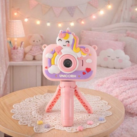 Laste digitaalne kaamera fotoaparaat statiivil, ükssarvik, roosa