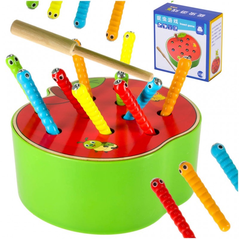 Magnetiline puidust röövikutega õuna mäng