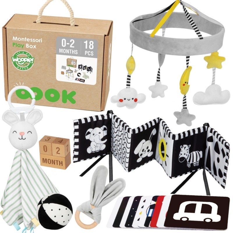 Montessori hariduslik 7in1 sensoorne mänguasjadega kast XXL 0-2 kuud 18 tk FSC