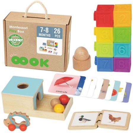 Montessori hariduslik 6-ühes sensoorne mänguasjadega kast Box XXL 7-8 kuud 26 osa FSC