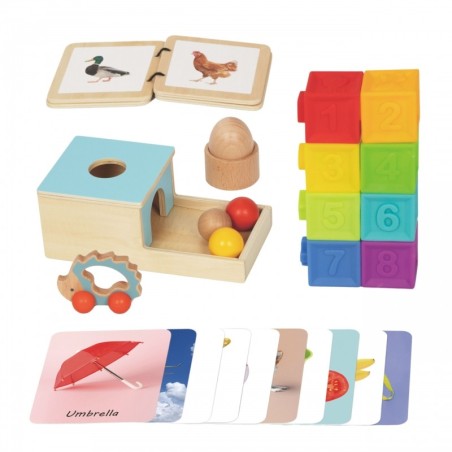 Montessori hariduslik 6-ühes sensoorne mänguasjadega kast Box XXL 7-8 kuud 26 osa FSC