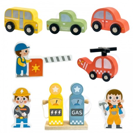 Puidust parkimisgaraaž 2-ühes bensiinijaam autode ja figuuridega 12 tk FSC