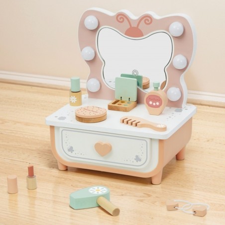 Puidust liblikapeegel, LED-valgustusega, meigilaua aksessuaarid + kosmeetika