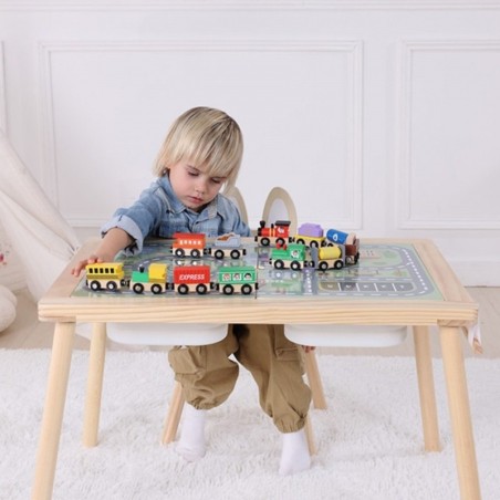 Puidust 4-ühes tegevuslaud, kriiditahvli, konteinerid, linnakaart, joonistuspaber