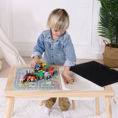 Puidust 4-ühes tegevuslaud, kriiditahvli, konteinerid, linnakaart, joonistuspaber