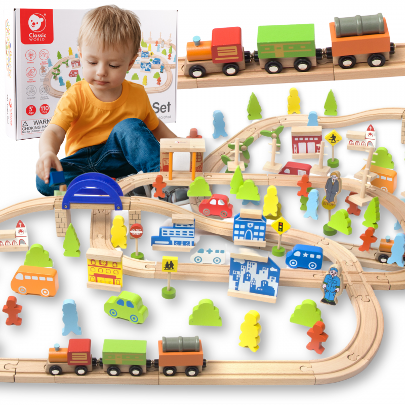 CLASSIC WORLD puidust rongikomplekt + figuurid 110 tk.
