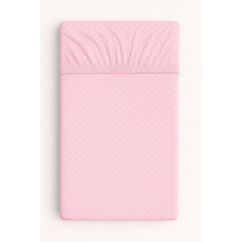 Kummiga voodilina 120x60 cm, valged täpid roosal