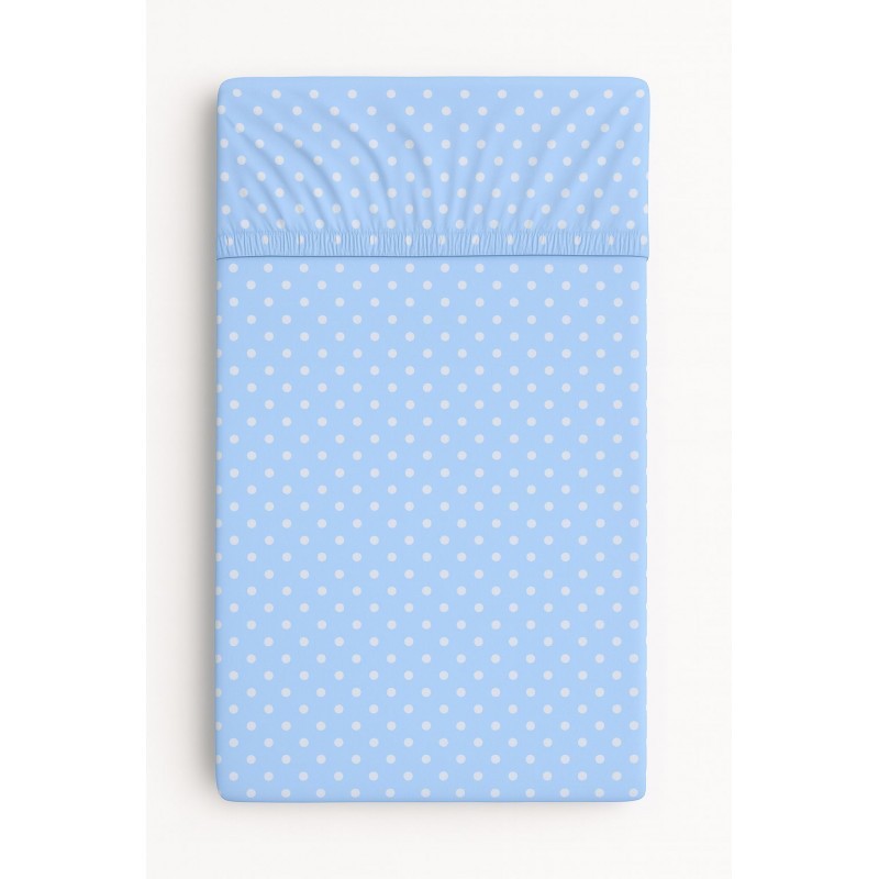 Kummiga voodilina 120x60 cm, valged täpid sinisel