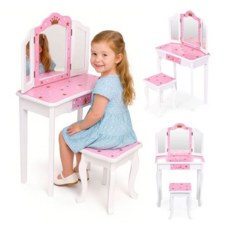 Suur tualettlaud tüdrukutele kolmekordse peegli, tabureti ja sahtliga