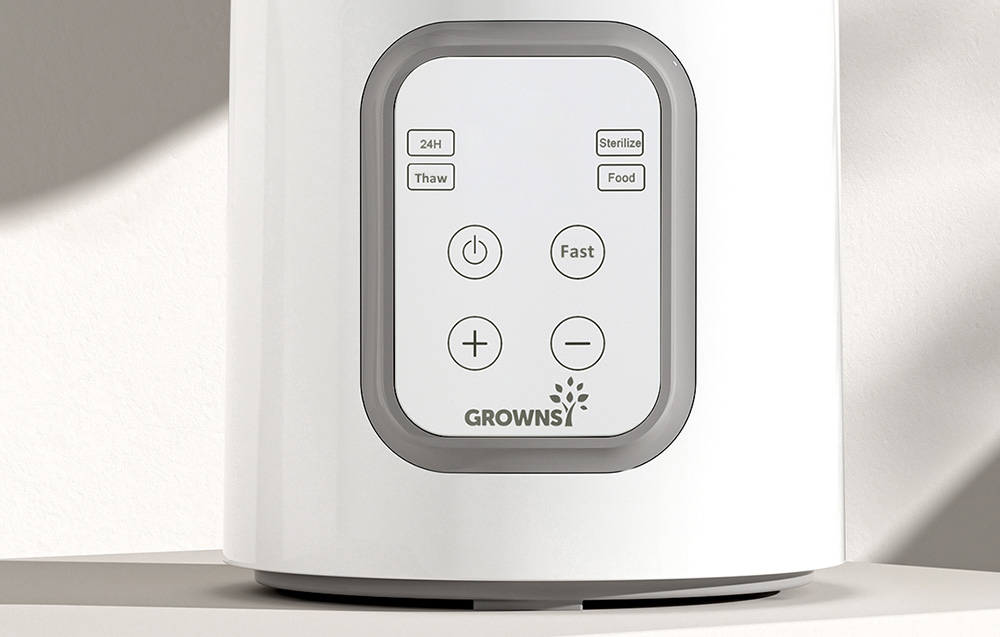 Close-up of bottle warmer control panel with buttons and GROWNSY logo