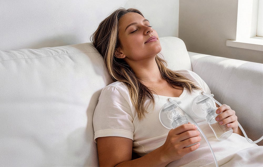 A woman is resting on a sofa, holding a double breast pump connected to her breasts.