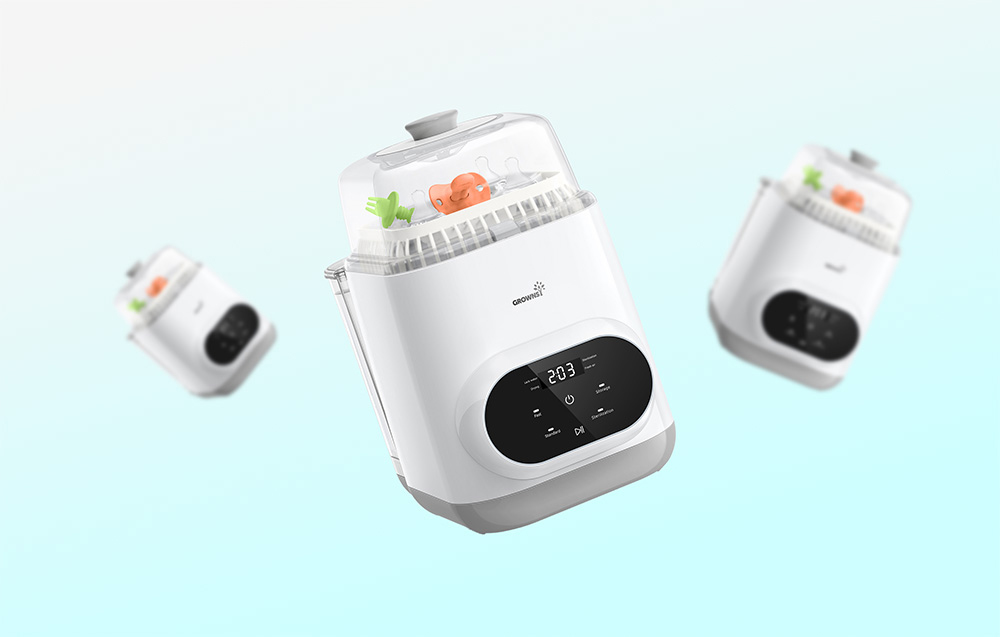 Three floating bottle washers on a light background, with pacifiers visible inside