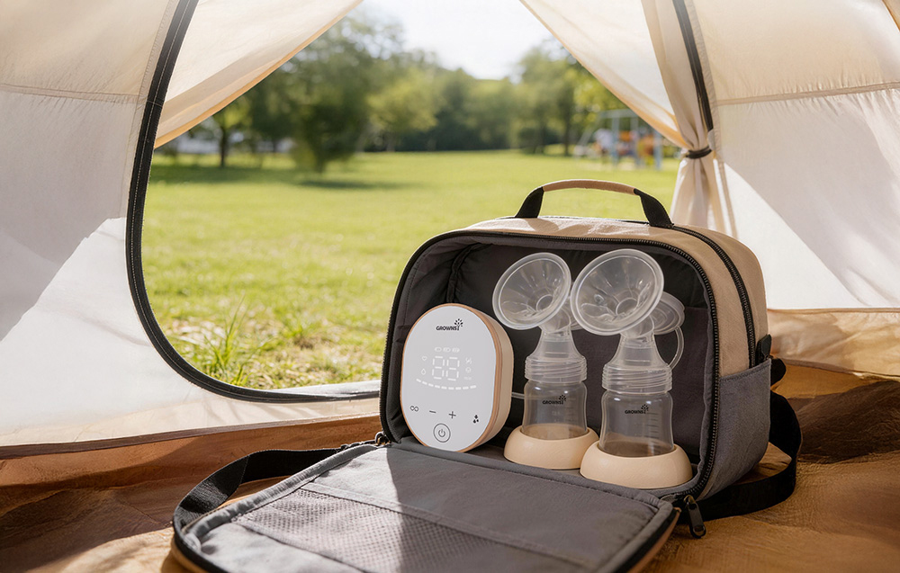An open bag in a tent with two breast pumps and a control panel inside