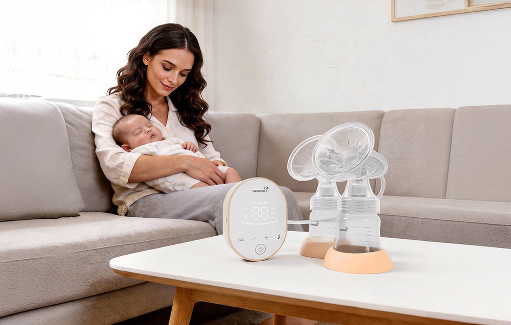 A woman is sitting on a sofa holding a sleeping baby, and there are two breast pumps with a control panel on the table in front of her