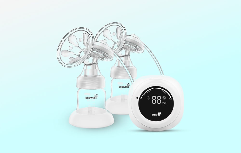 Double breast pump with bottles and a round control panel set against a light blue background