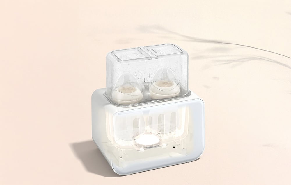 Warmer with a transparent lid, two bottles inside being heated