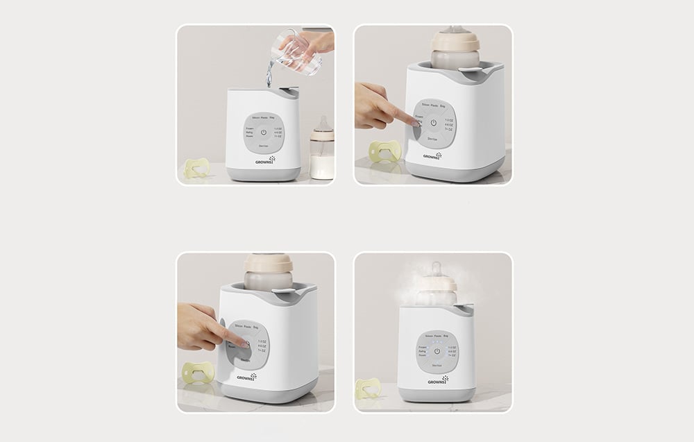 Four stages of using a bottle warmer: pouring water, setting the program, heating, and the final result with steam