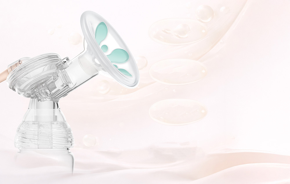 Close-up of the breast pump funnel with silicone inserts visible against a light background