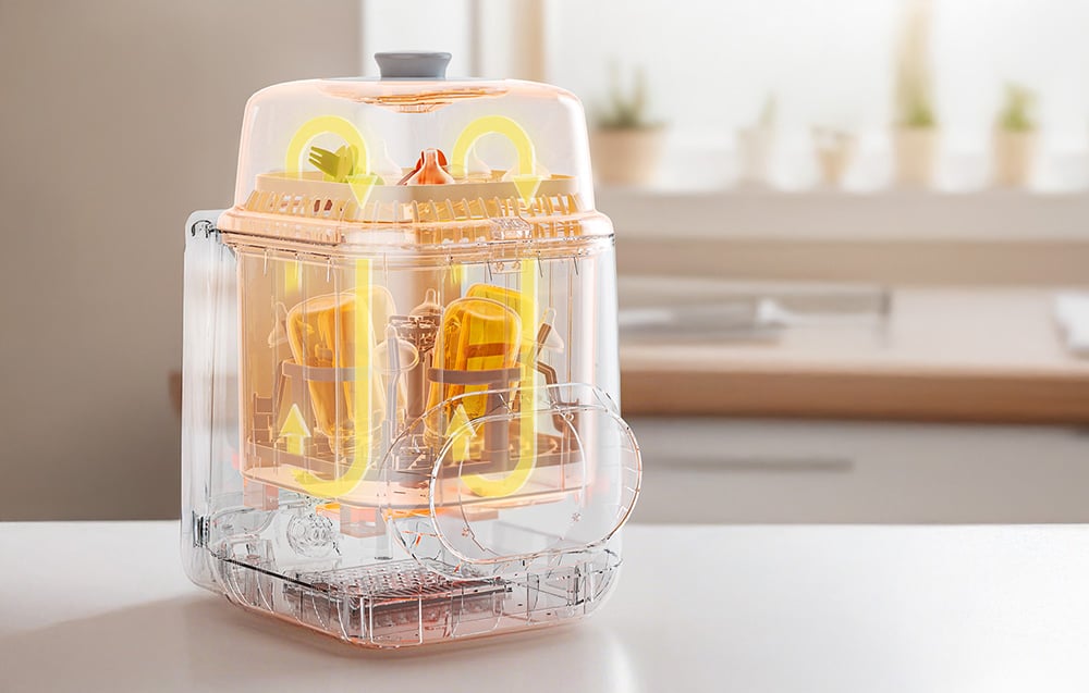 Transparent model of the washer with arrows indicating air and steam circulation inside