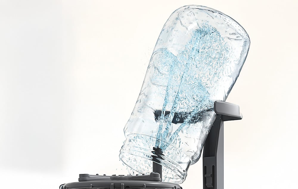Graphic showing swirling water in an inverted bottle during washing