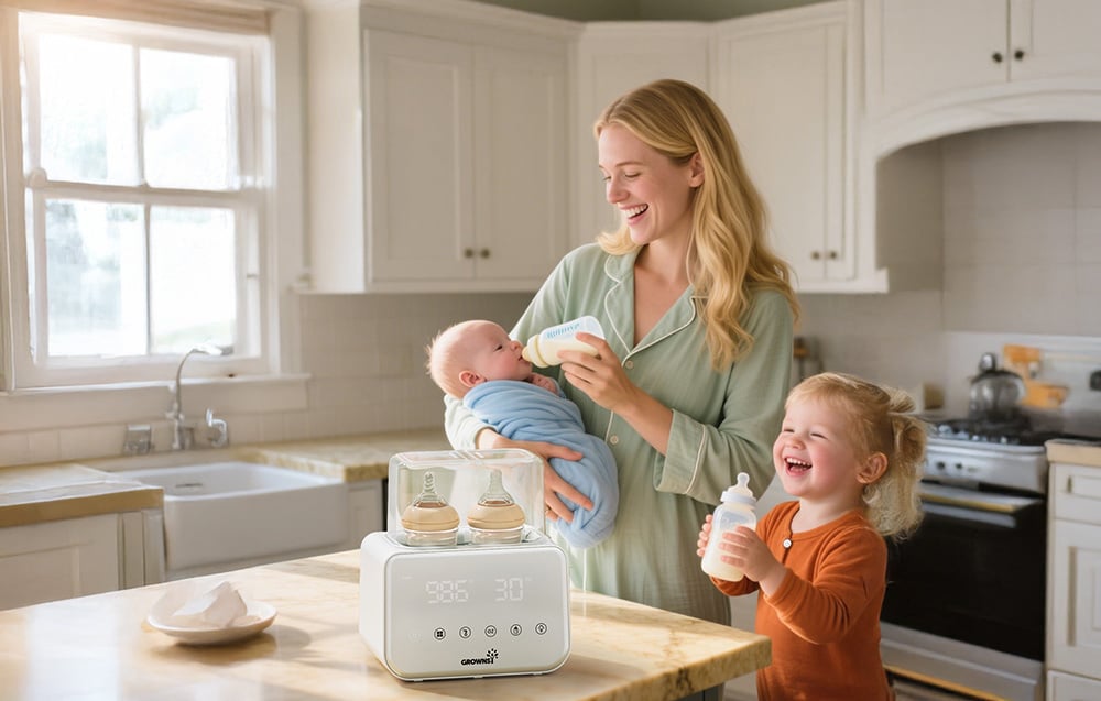 A woman feeds a baby with a bottle in the kitchen, next to her is a child with a bottle and a warmer with two bottles