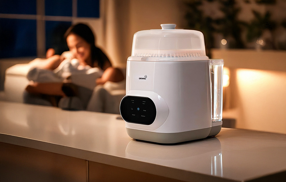 Washer placed on a kitchen counter at night, with a woman feeding a baby in the background