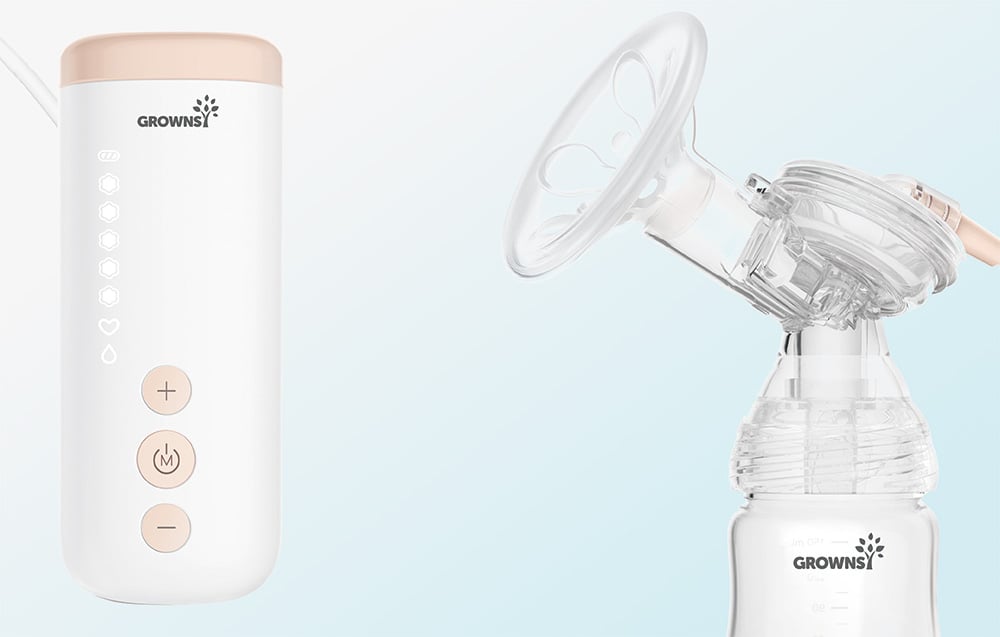 Control panel and part of the breast pump shown side by side against a light blue background