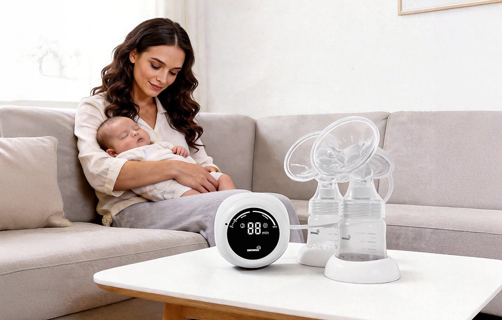 A woman is sitting on a sofa holding a sleeping baby, and there are two breast pumps with a control panel on the table in front of her.