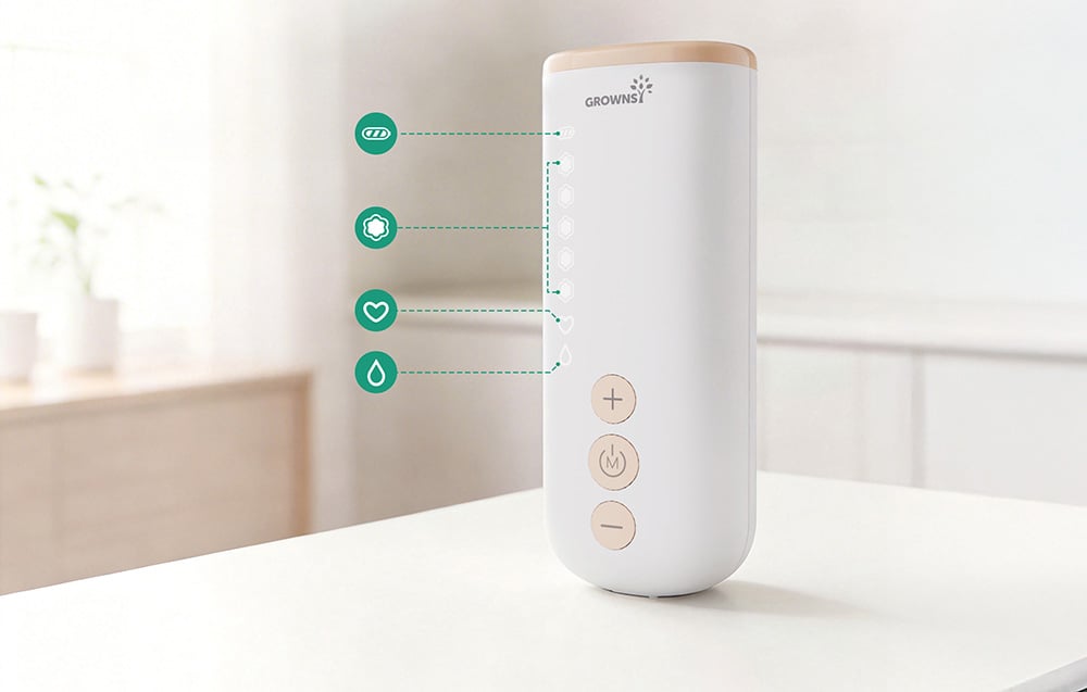 Close-up of the white control panel of the breast pump with plus, minus, and mode buttons and operation level icons