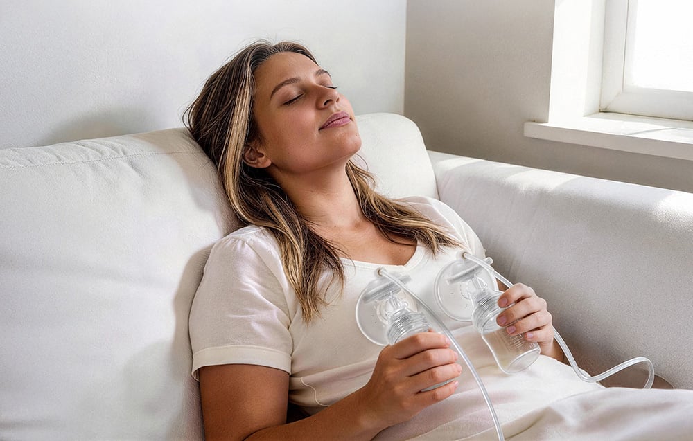 A woman is resting on the sofa, holding a double breast pump connected to her breasts
