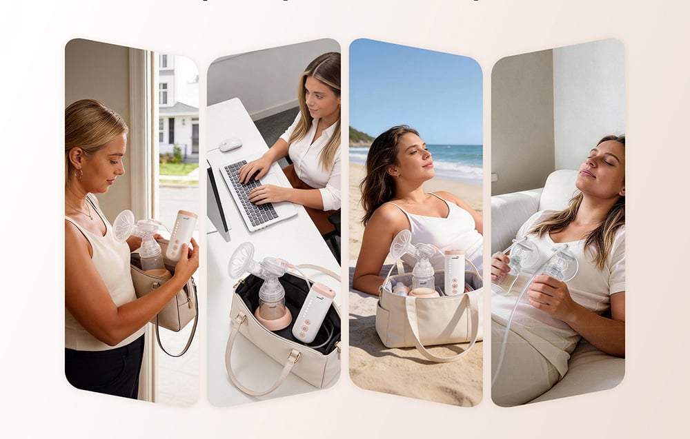 Four photos show a woman using a portable breast pump at home, at her desk, on the beach, and while relaxing on the couch
