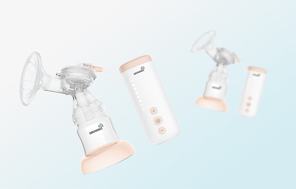 Breast pump with bottle and control panel shown in several shots against a light background